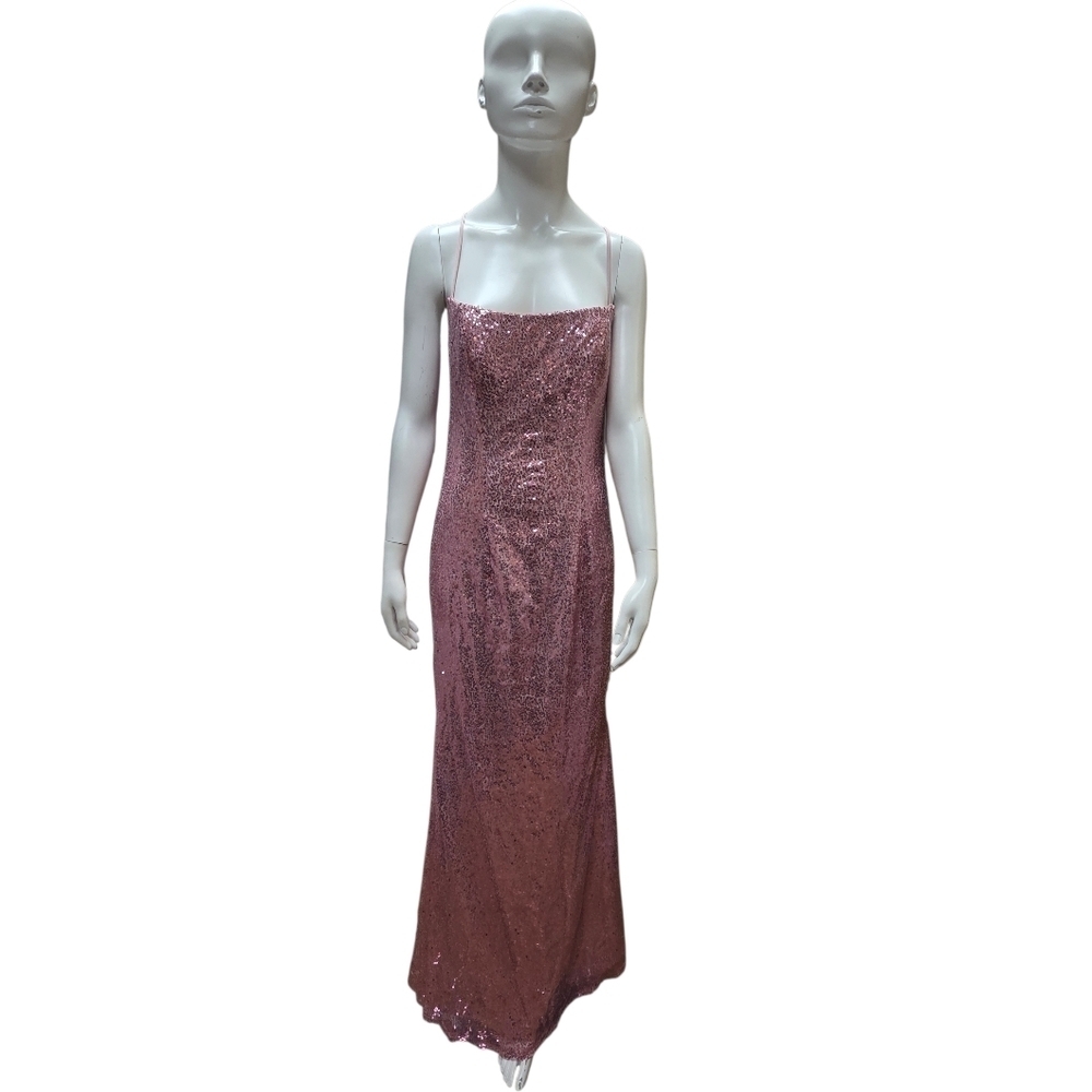 Elegant Pink Long Sequin Dress With Open Criss Cross Back And Removable Bow